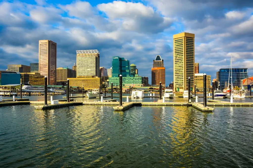 Docks and the Baltimore skyline seen at the Inner Harbor in Baltimore, Maryland